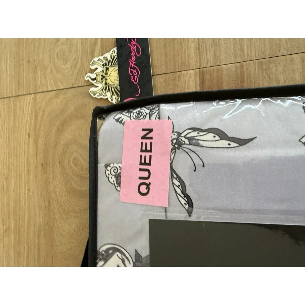 Ed Hardy Queen 6 Piece Double Brushed Sheet Set Lavender Gray Butterfly NWT
